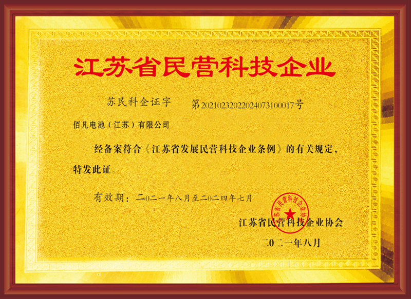 佰凡電池（江蘇）有限公司獲評(píng)“江蘇省民營科技企業(yè)”(圖1)